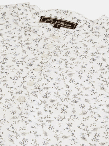 Off White & Grey Floral Print Roll - Up Sleeves Shirt Style Top - RueCollections